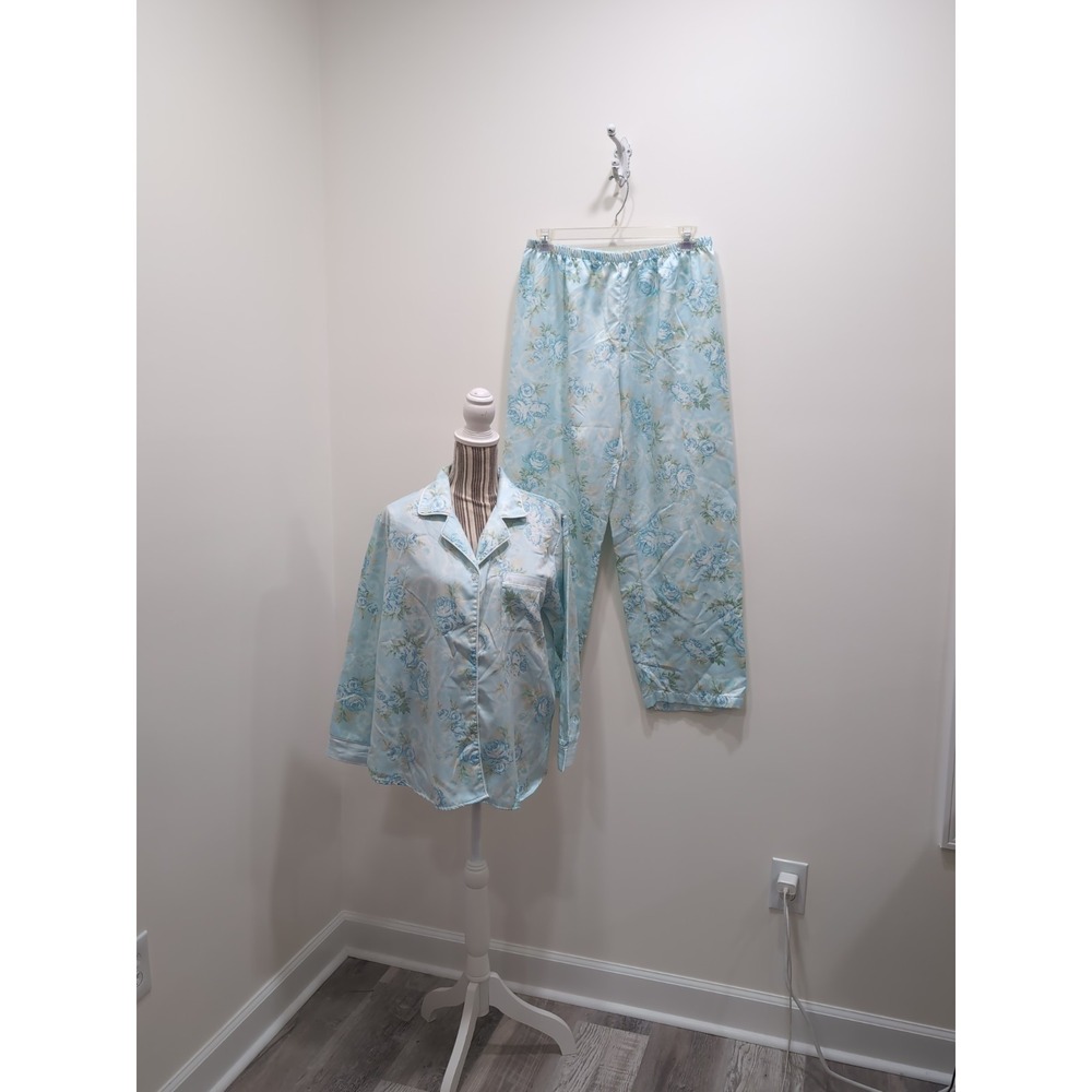 Vintage Miss Elaine Floral Blue‎ 2 Piece Pajama Set Large Cottagecore